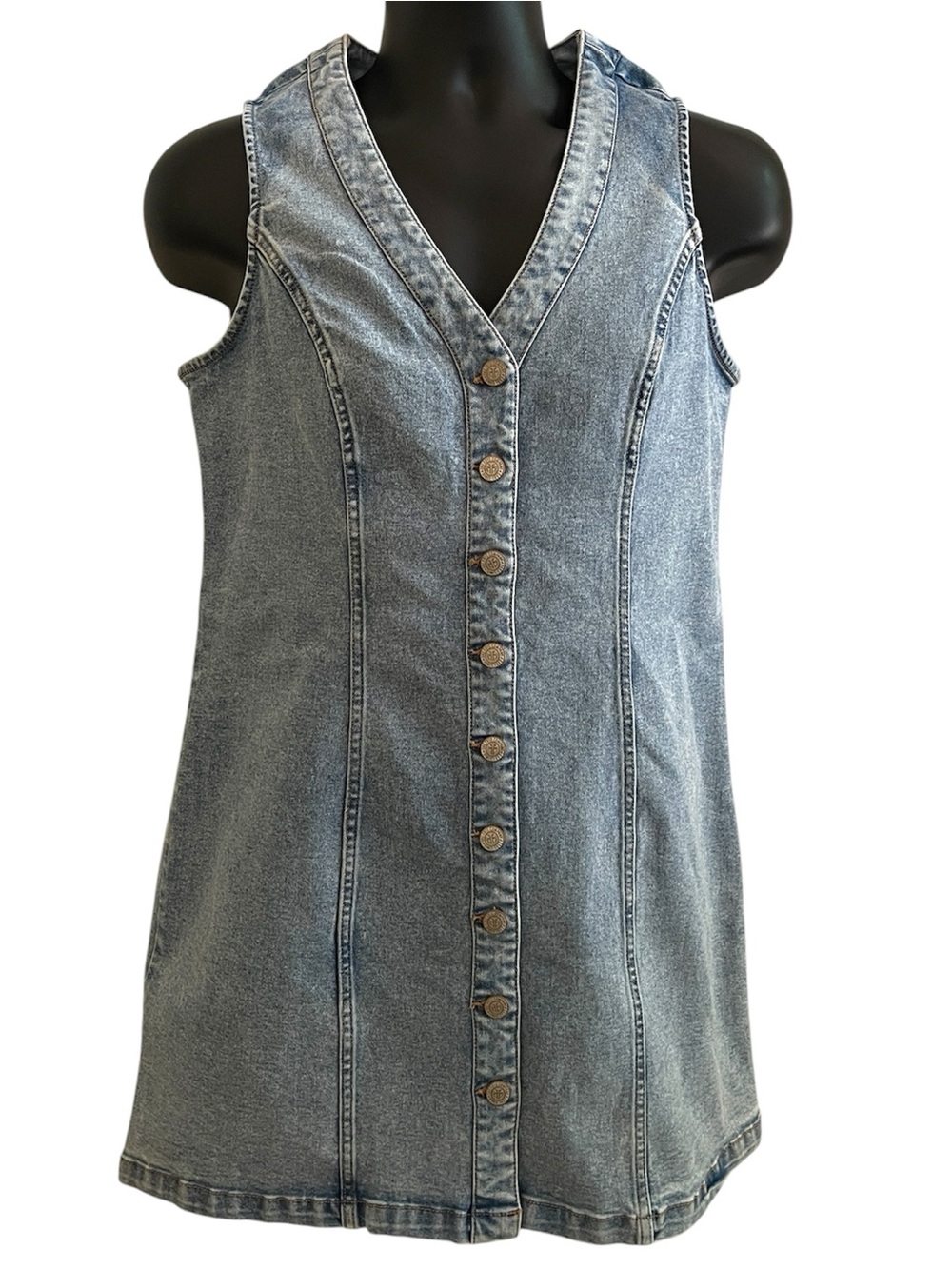 Frye Denim Mini Dress Medium Button Front Sleeveless Blue Jean - Picture 4 of 6